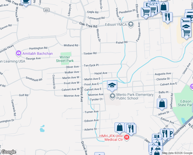 map of restaurants, bars, coffee shops, grocery stores, and more near 21 Marlin Avenue East in Edison
