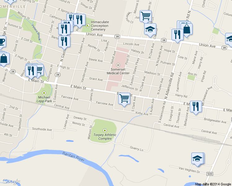 map of restaurants, bars, coffee shops, grocery stores, and more near 4 Carter Court in Hillsborough Township