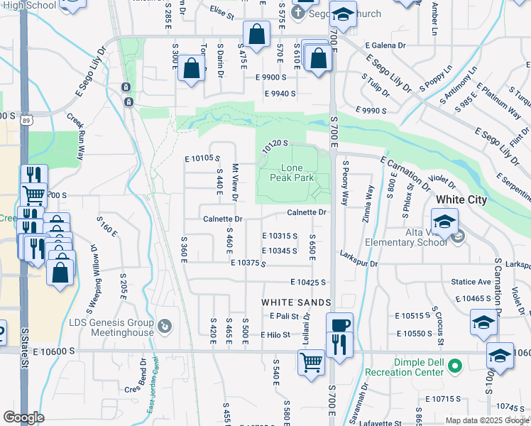 map of restaurants, bars, coffee shops, grocery stores, and more near 10287 South 535 East in Sandy