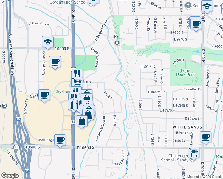 map of restaurants, bars, coffee shops, grocery stores, and more near South Silver Willow Drive in Sandy