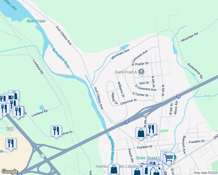map of restaurants, bars, coffee shops, grocery stores, and more near 103 Winterson Drive in Hamburg