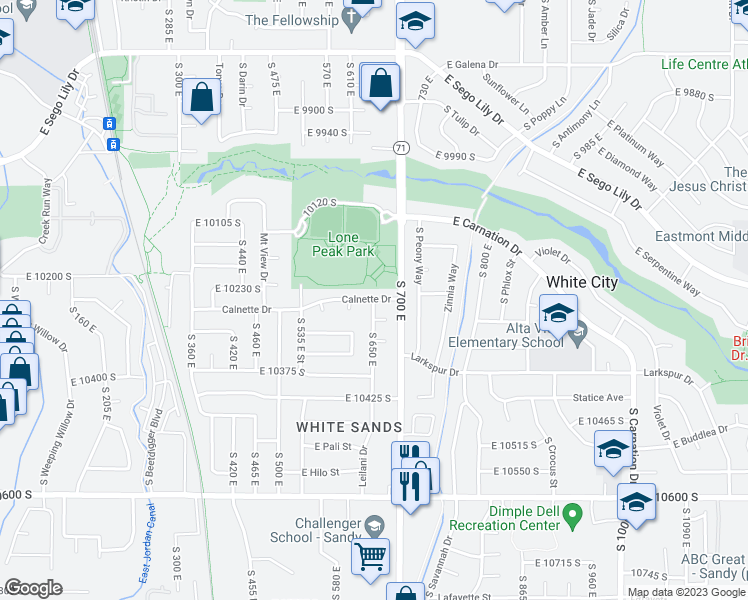 map of restaurants, bars, coffee shops, grocery stores, and more near 8047 South 650 East in Sandy