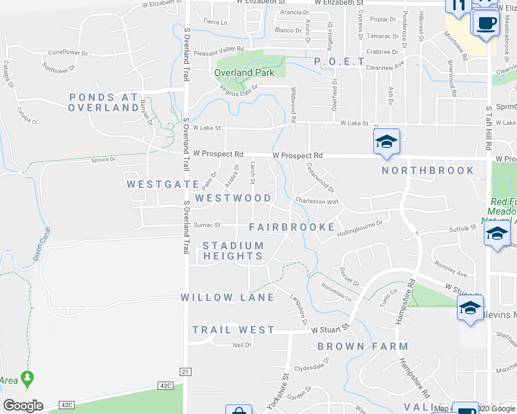 map of restaurants, bars, coffee shops, grocery stores, and more near 1727 Holly Way in Fort Collins