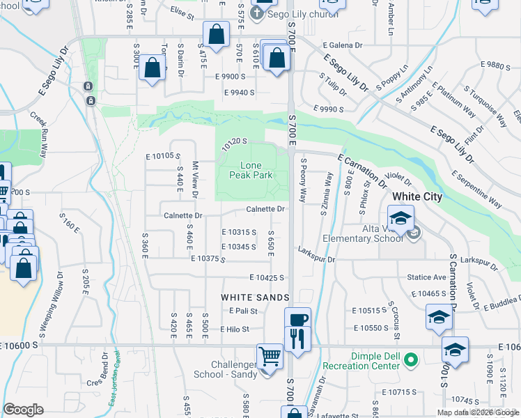 map of restaurants, bars, coffee shops, grocery stores, and more near 639 Calnette Drive in Sandy