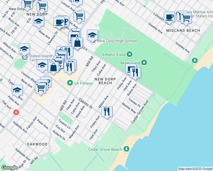 map of restaurants, bars, coffee shops, grocery stores, and more near 99 Milton Avenue in Staten Island