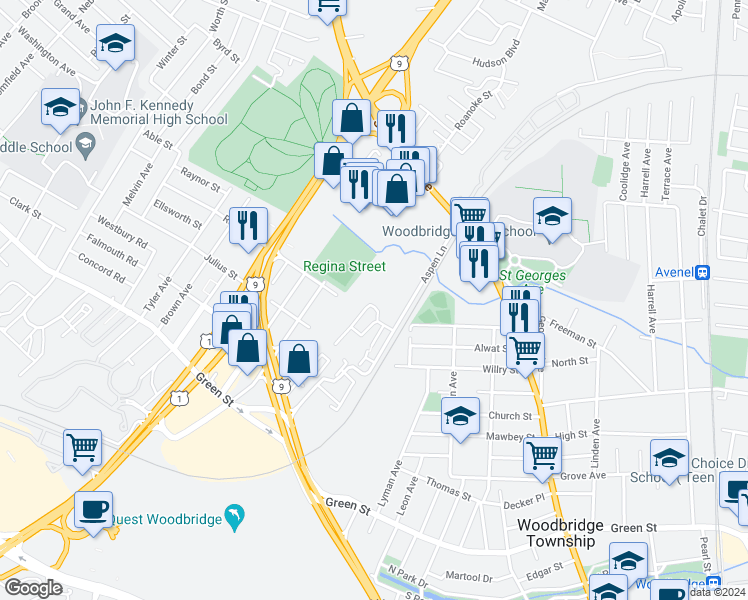 map of restaurants, bars, coffee shops, grocery stores, and more near 170 Overlook Court in Woodbridge Township