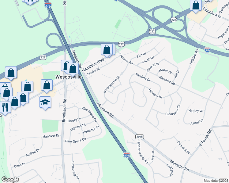 map of restaurants, bars, coffee shops, grocery stores, and more near 4871 South Hedgerow Drive in Allentown