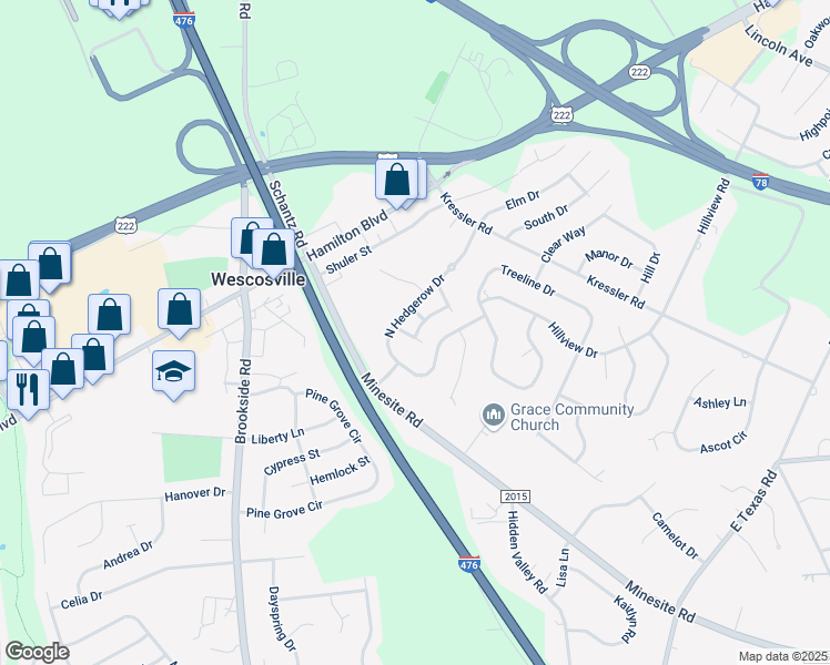 map of restaurants, bars, coffee shops, grocery stores, and more near 4628 North Hedgerow Drive in Allentown