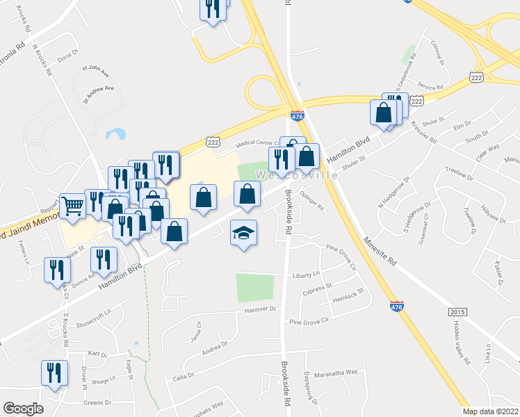 map of restaurants, bars, coffee shops, grocery stores, and more near 938 North Brookside Road in Allentown
