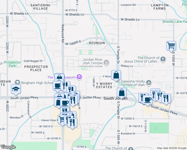 map of restaurants, bars, coffee shops, grocery stores, and more near 1480 Y Worry Lane in South Jordan
