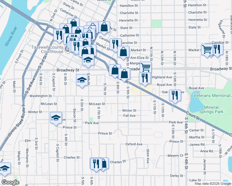 map of restaurants, bars, coffee shops, grocery stores, and more near 710 Washington Street in Pekin