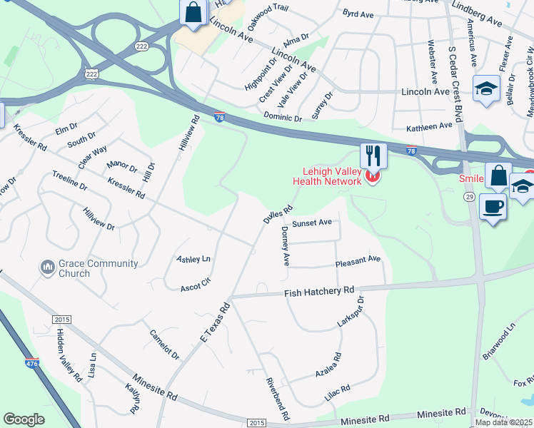 map of restaurants, bars, coffee shops, grocery stores, and more near 3959 E Texas Rd in Allentown