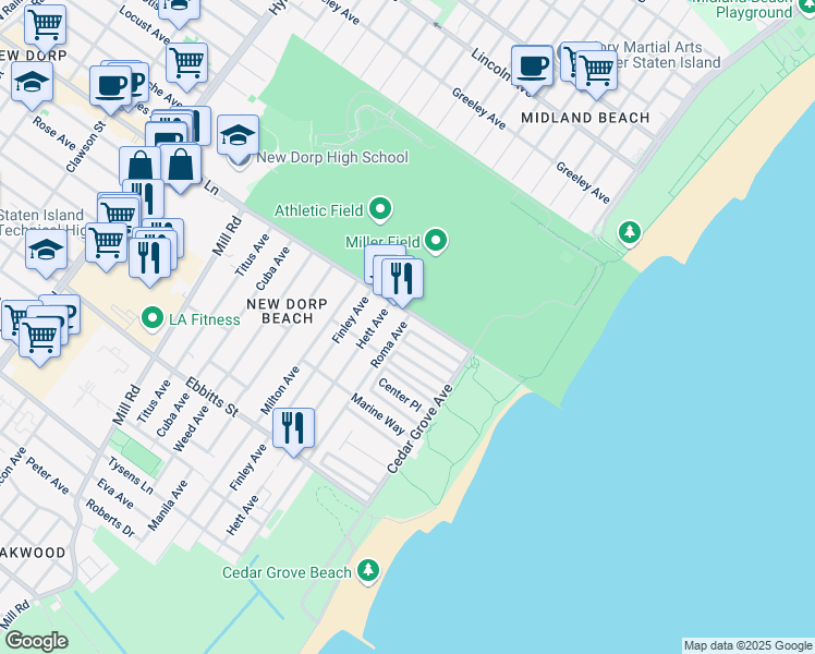 map of restaurants, bars, coffee shops, grocery stores, and more near 12 Waterside Street in Staten Island