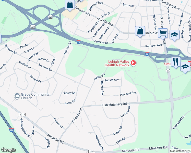 map of restaurants, bars, coffee shops, grocery stores, and more near 3959 East Texas Road in Allentown