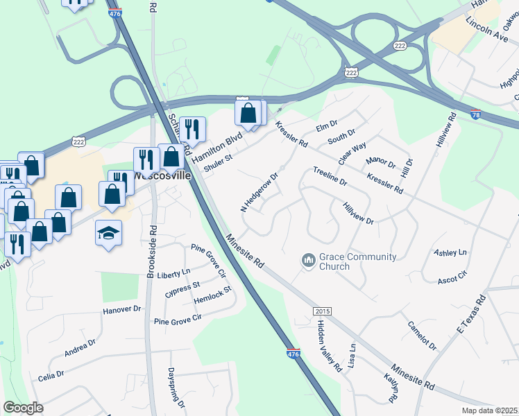 map of restaurants, bars, coffee shops, grocery stores, and more near 4628 North Hedgerow Drive in Allentown