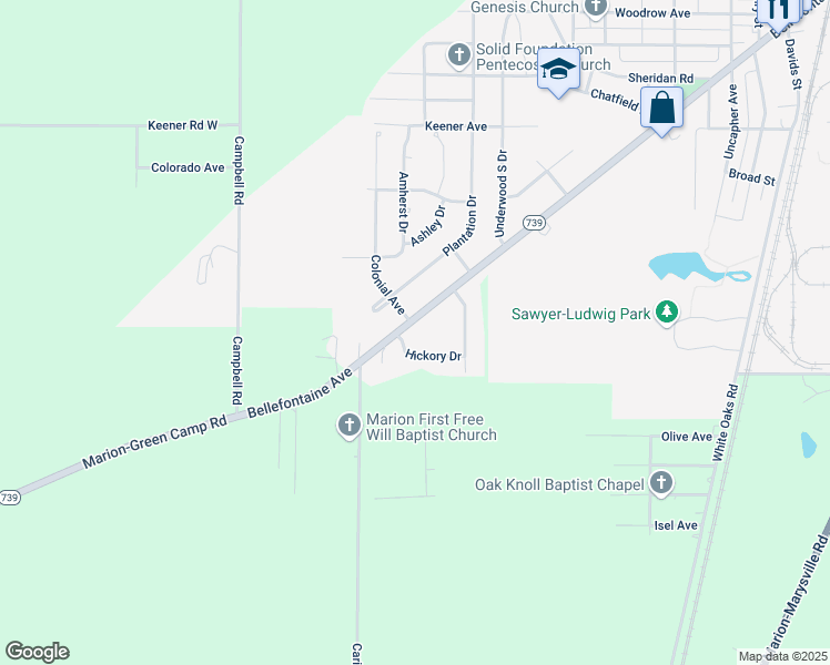 map of restaurants, bars, coffee shops, grocery stores, and more near 1371 Hickory Drive in Marion