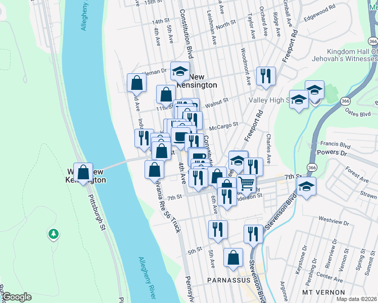map of restaurants, bars, coffee shops, grocery stores, and more near 843 5th Avenue in New Kensington