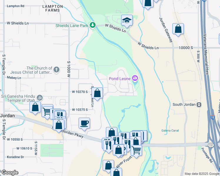 map of restaurants, bars, coffee shops, grocery stores, and more near 13571 South Meadow Creek Lane in South Jordan