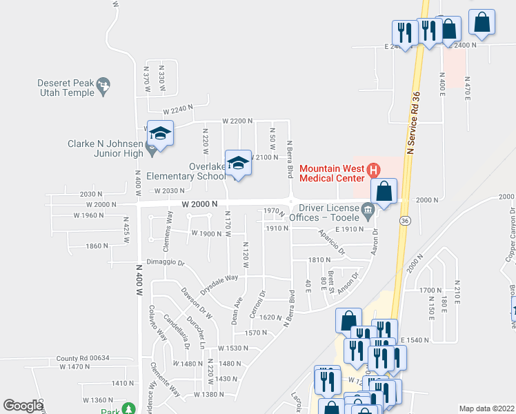 map of restaurants, bars, coffee shops, grocery stores, and more near 84 1970 North in Tooele