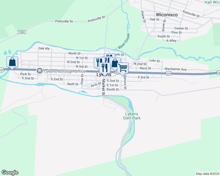 map of restaurants, bars, coffee shops, grocery stores, and more near 625 South Street in Lykens
