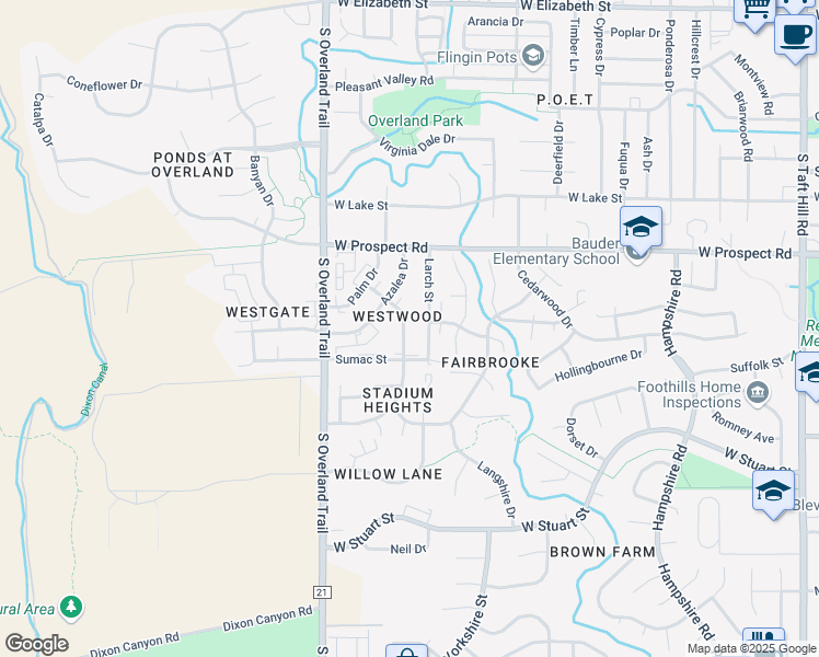 map of restaurants, bars, coffee shops, grocery stores, and more near 1718 Pecan Street in Fort Collins