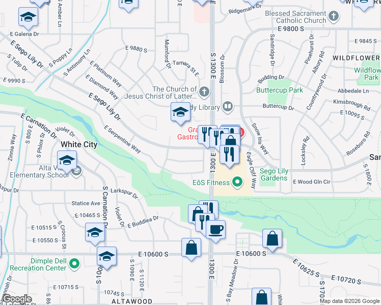 map of restaurants, bars, coffee shops, grocery stores, and more near 10100 South 1300 East in Sandy