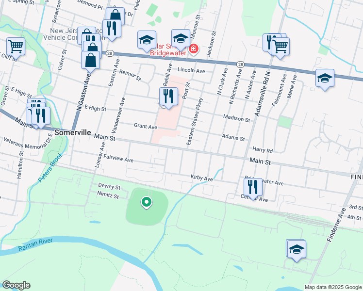 map of restaurants, bars, coffee shops, grocery stores, and more near 25 Eastern States Parkway in Somerville