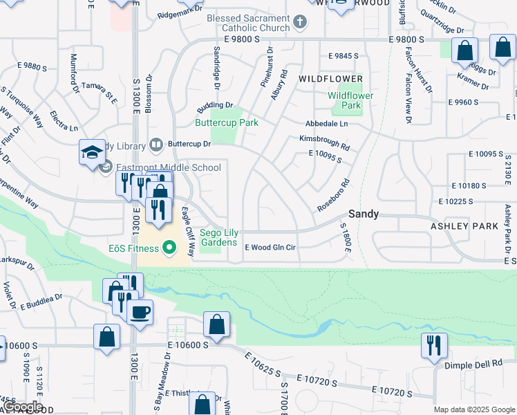 map of restaurants, bars, coffee shops, grocery stores, and more near 10228 South Locksley Road in Sandy