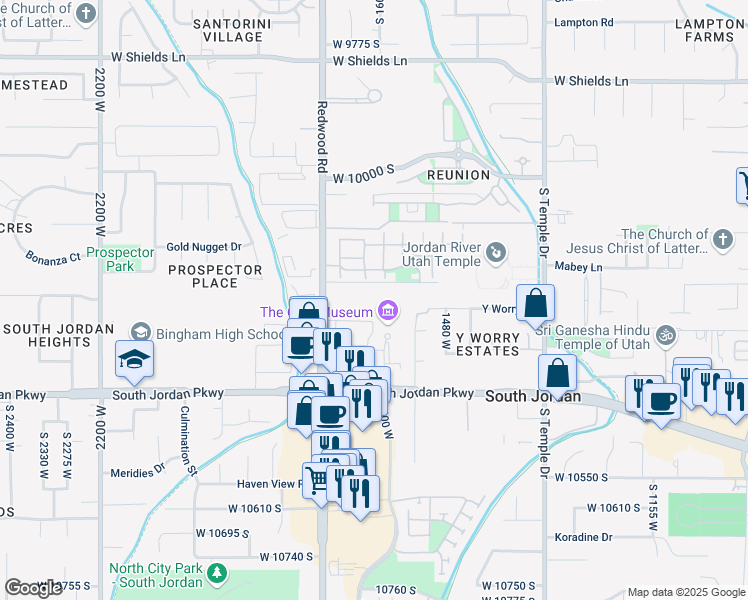 map of restaurants, bars, coffee shops, grocery stores, and more near 1599 Cornerstone Way in South Jordan