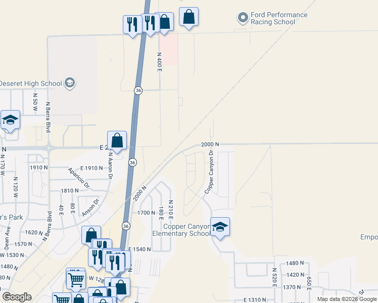 map of restaurants, bars, coffee shops, grocery stores, and more near 265 East Serenity Avenue in Tooele