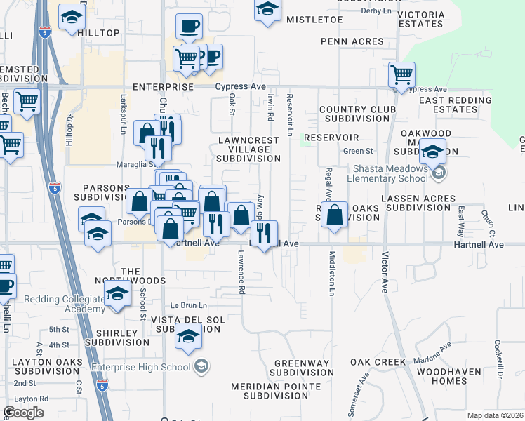 map of restaurants, bars, coffee shops, grocery stores, and more near 2846 Alfreda Way in Redding