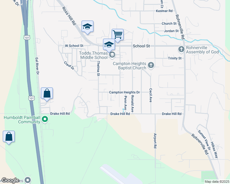map of restaurants, bars, coffee shops, grocery stores, and more near 1728 Campton Ln in Fortuna