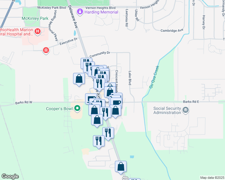 map of restaurants, bars, coffee shops, grocery stores, and more near 1271 Crescent Heights Rd in Marion