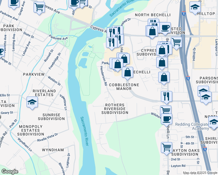 map of restaurants, bars, coffee shops, grocery stores, and more near 2771 Henderson Road in Redding