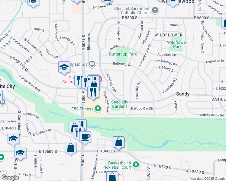map of restaurants, bars, coffee shops, grocery stores, and more near 10228 Snow Iris Way in Sandy