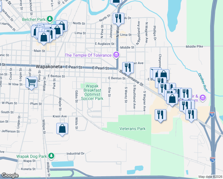 map of restaurants, bars, coffee shops, grocery stores, and more near 408 Erie Street in Wapakoneta