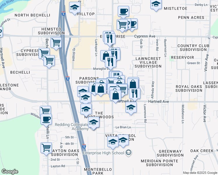 map of restaurants, bars, coffee shops, grocery stores, and more near 2870 Churn Creek Road in Redding