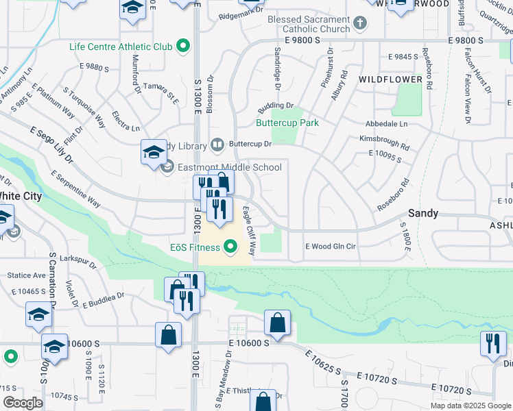 map of restaurants, bars, coffee shops, grocery stores, and more near 1420 East Sego Lily Drive in Sandy