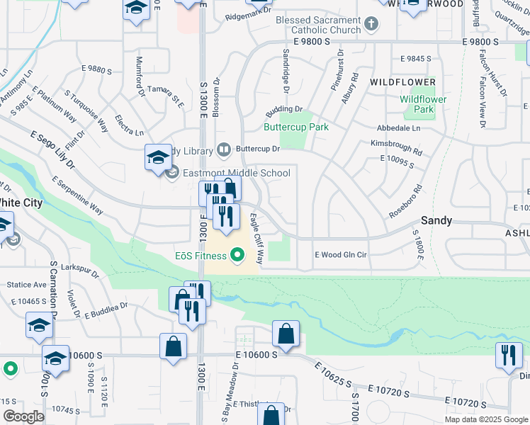 map of restaurants, bars, coffee shops, grocery stores, and more near 1420 East Sego Lily Drive in Sandy