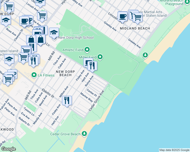 map of restaurants, bars, coffee shops, grocery stores, and more near 734 New Dorp Lane in Staten Island
