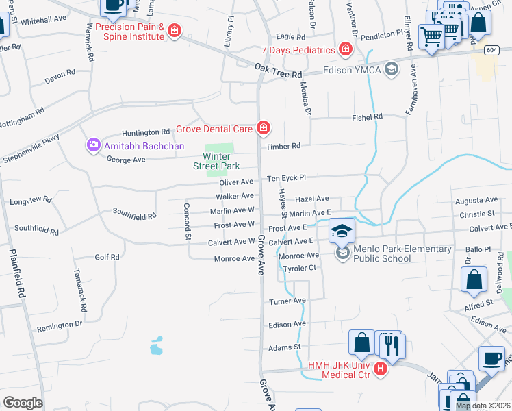 map of restaurants, bars, coffee shops, grocery stores, and more near 6 Marlin Avenue West in Edison