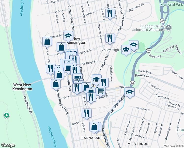 map of restaurants, bars, coffee shops, grocery stores, and more near 870 Kenneth Avenue in New Kensington