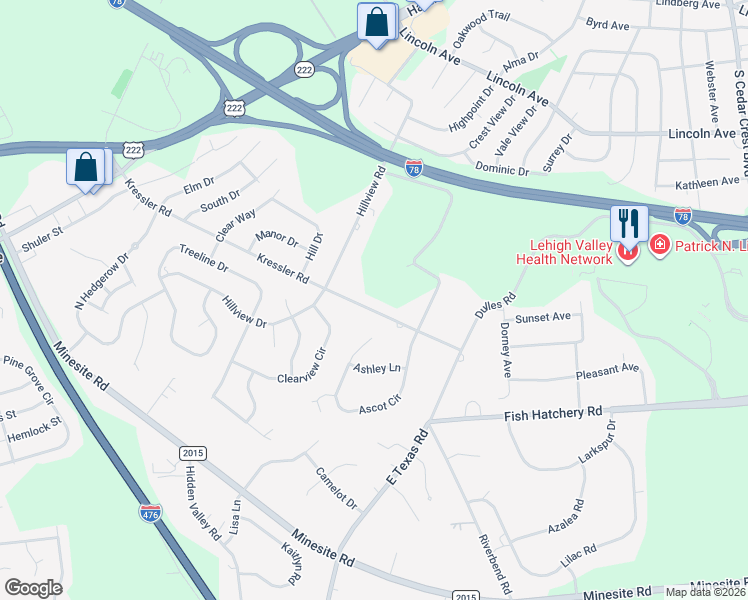 map of restaurants, bars, coffee shops, grocery stores, and more near 1191 Kressler Road in Allentown
