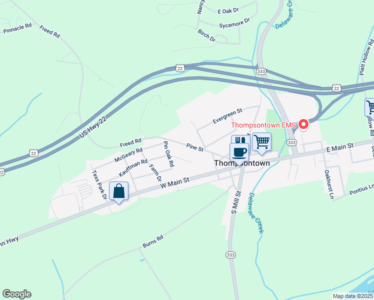map of restaurants, bars, coffee shops, grocery stores, and more near 98 Pine Street in Thompsontown