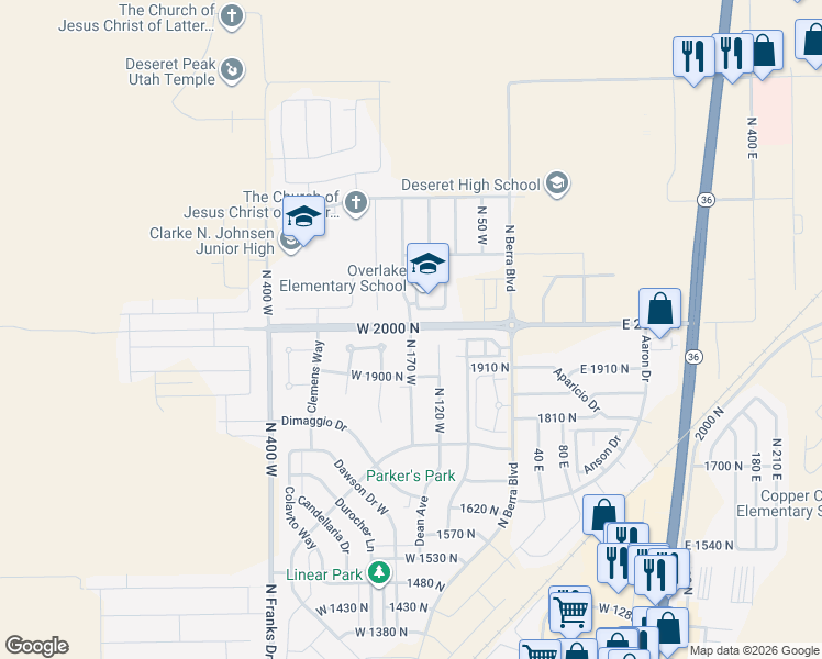 map of restaurants, bars, coffee shops, grocery stores, and more near 2052 North 170 West in Tooele