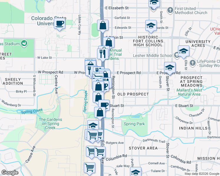 map of restaurants, bars, coffee shops, grocery stores, and more near 1630 South College Avenue in Fort Collins
