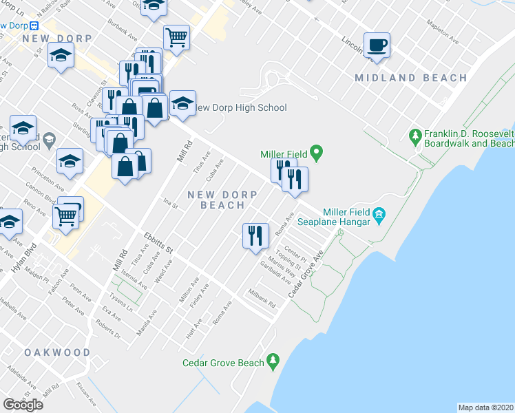 map of restaurants, bars, coffee shops, grocery stores, and more near 33 Milton Avenue in Staten Island