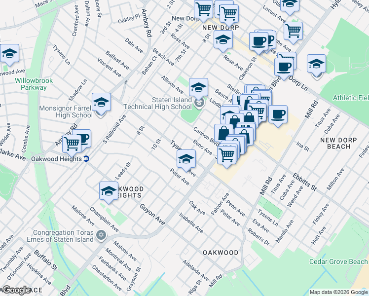 map of restaurants, bars, coffee shops, grocery stores, and more near 154 Reno Avenue in Staten Island