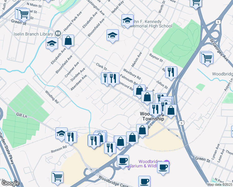 map of restaurants, bars, coffee shops, grocery stores, and more near 842 Green Street in Woodbridge Township