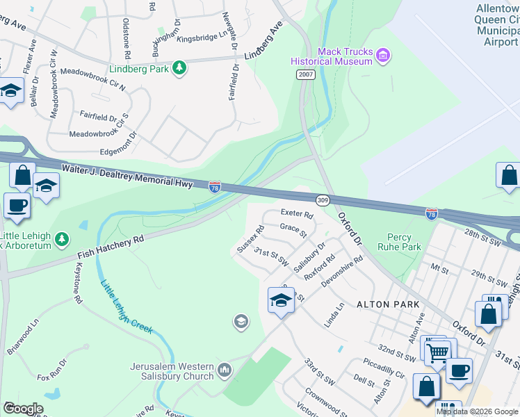 map of restaurants, bars, coffee shops, grocery stores, and more near 2590 Fish Hatchery Road in Allentown